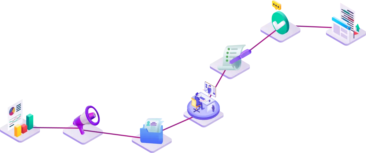 Representaci贸n estilizada de un flujo de datos con 铆conos para an谩lisis, comunicaci贸n, innovaci贸n, mensajer铆a y visualizaci贸n de datos conectados por una l铆nea morada.
