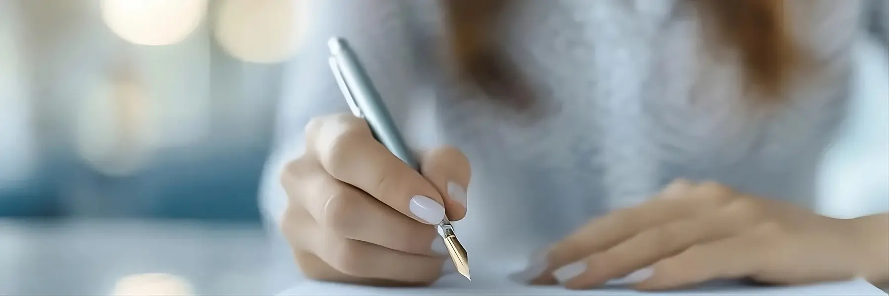 Un primer plano de las manos de una persona escribiendo con un bol铆grafo en papel. El enfoque est谩 en la mano que sostiene el bol铆grafo, y el fondo est谩 desenfocado.